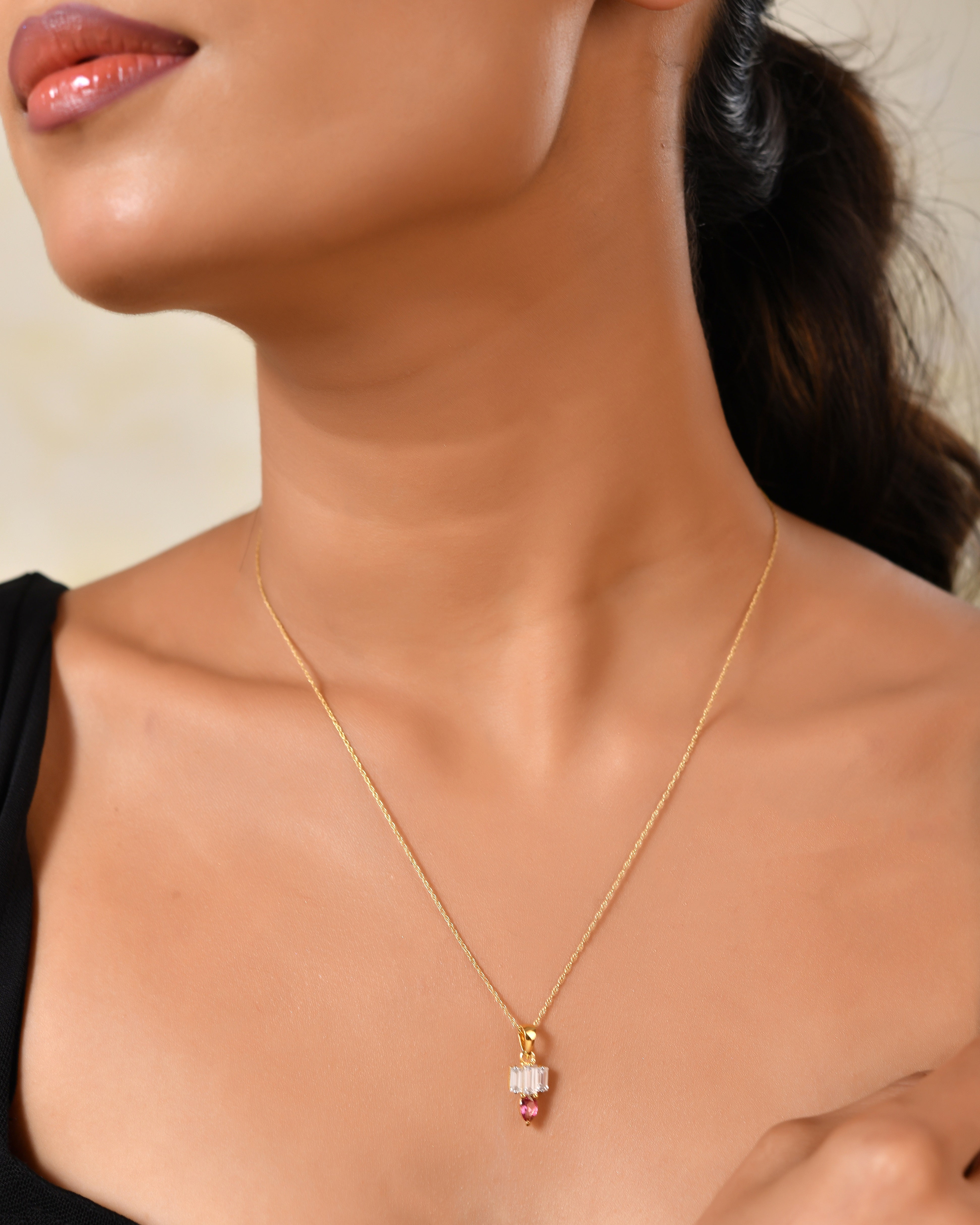 Roseline Pink Topaz & Baguette Zircon Pendant with Silver Chain