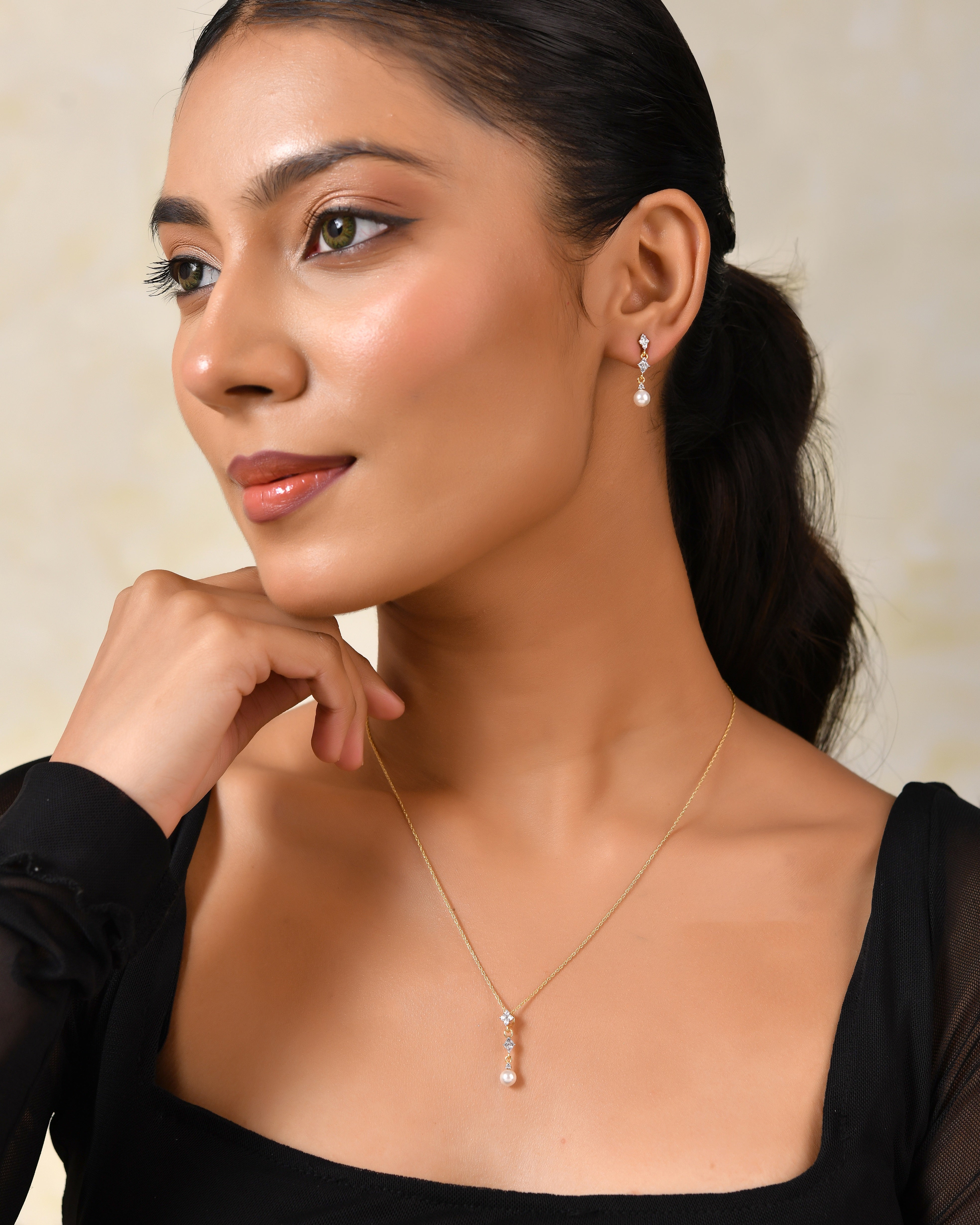 Lunevia Pearl & Zircon Drop Pendant with Silver Chain