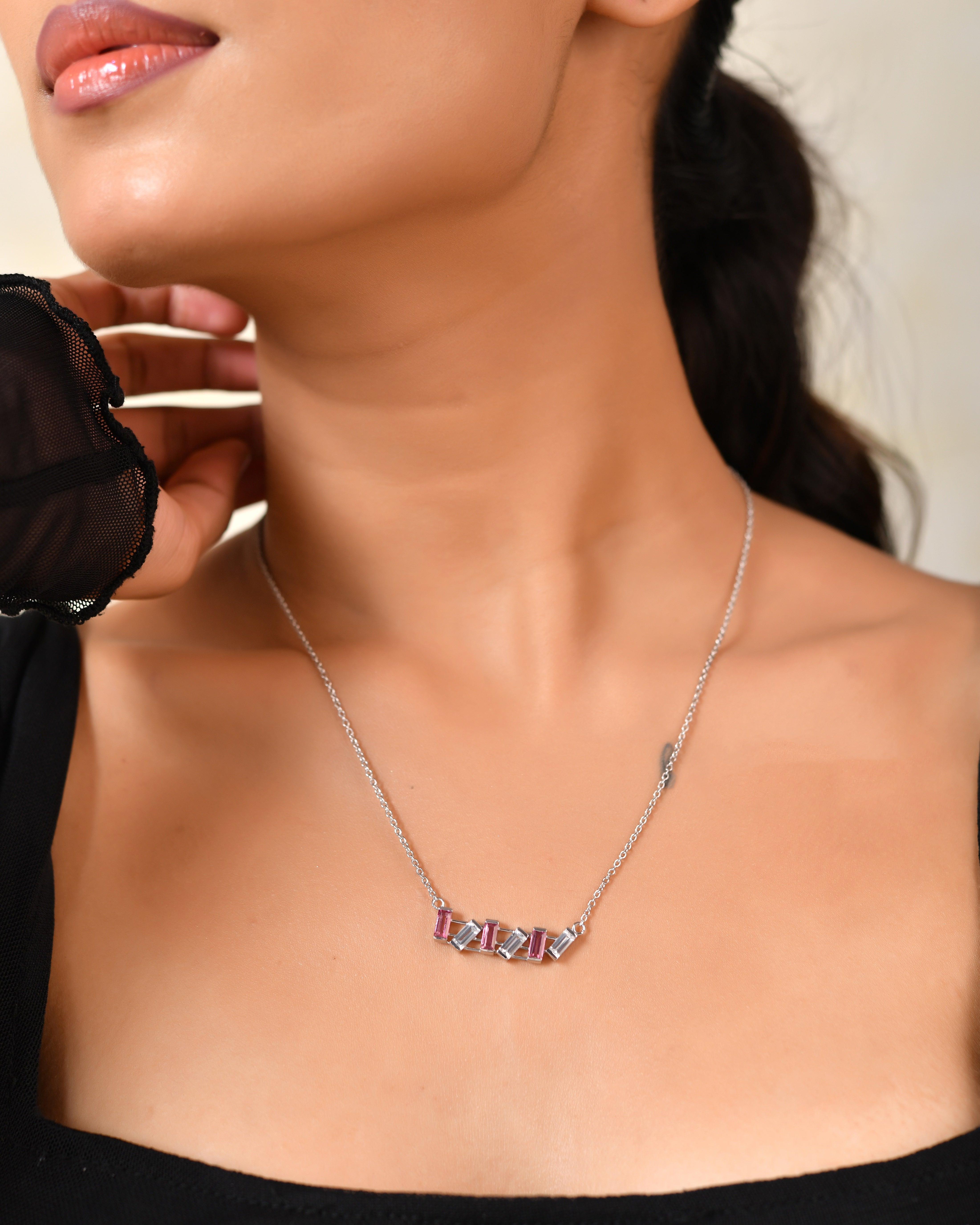 Roselle Pink Topaz Baguette Necklace