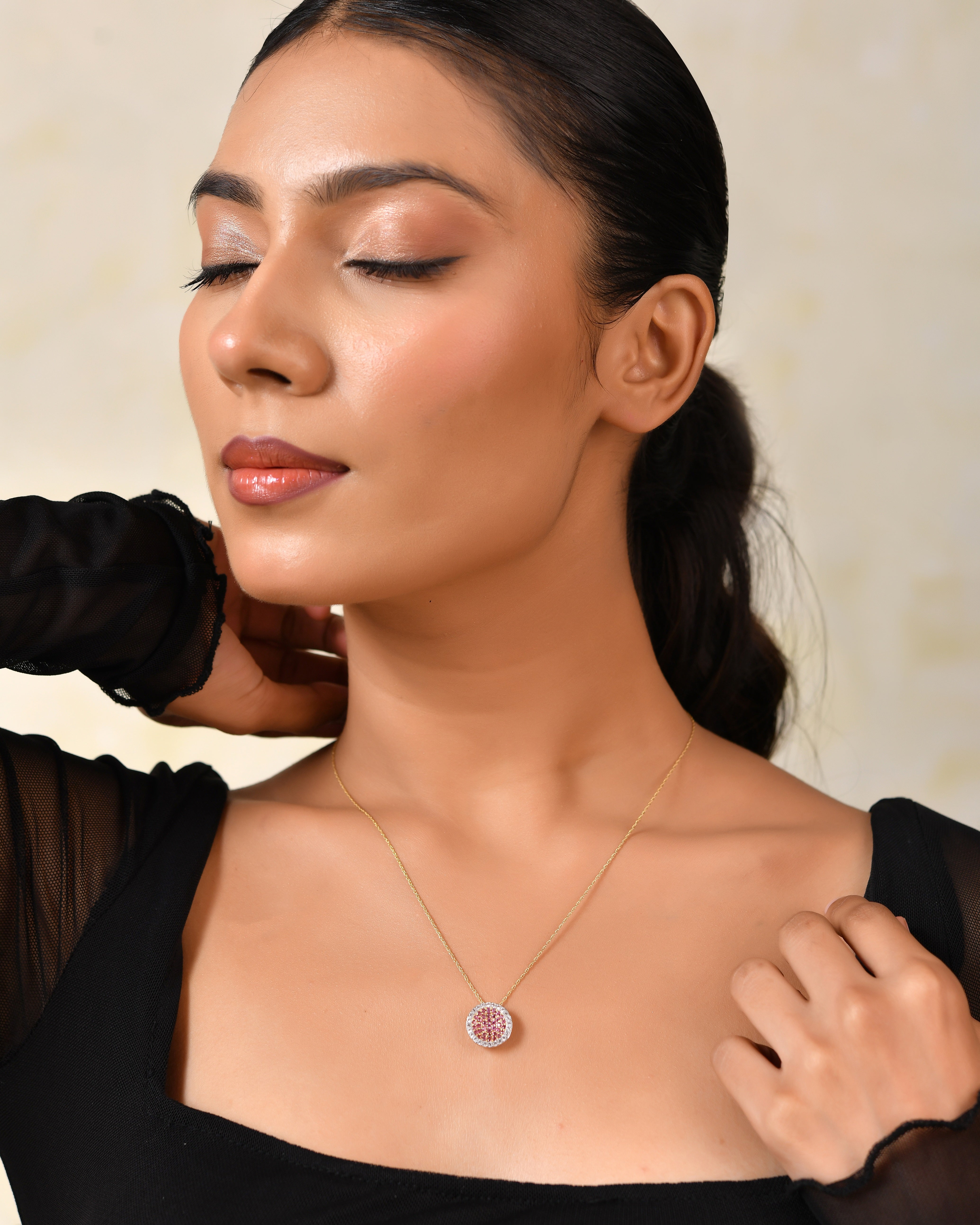 Rhodeora Rhodolite Halo Pendant with Silver Chain