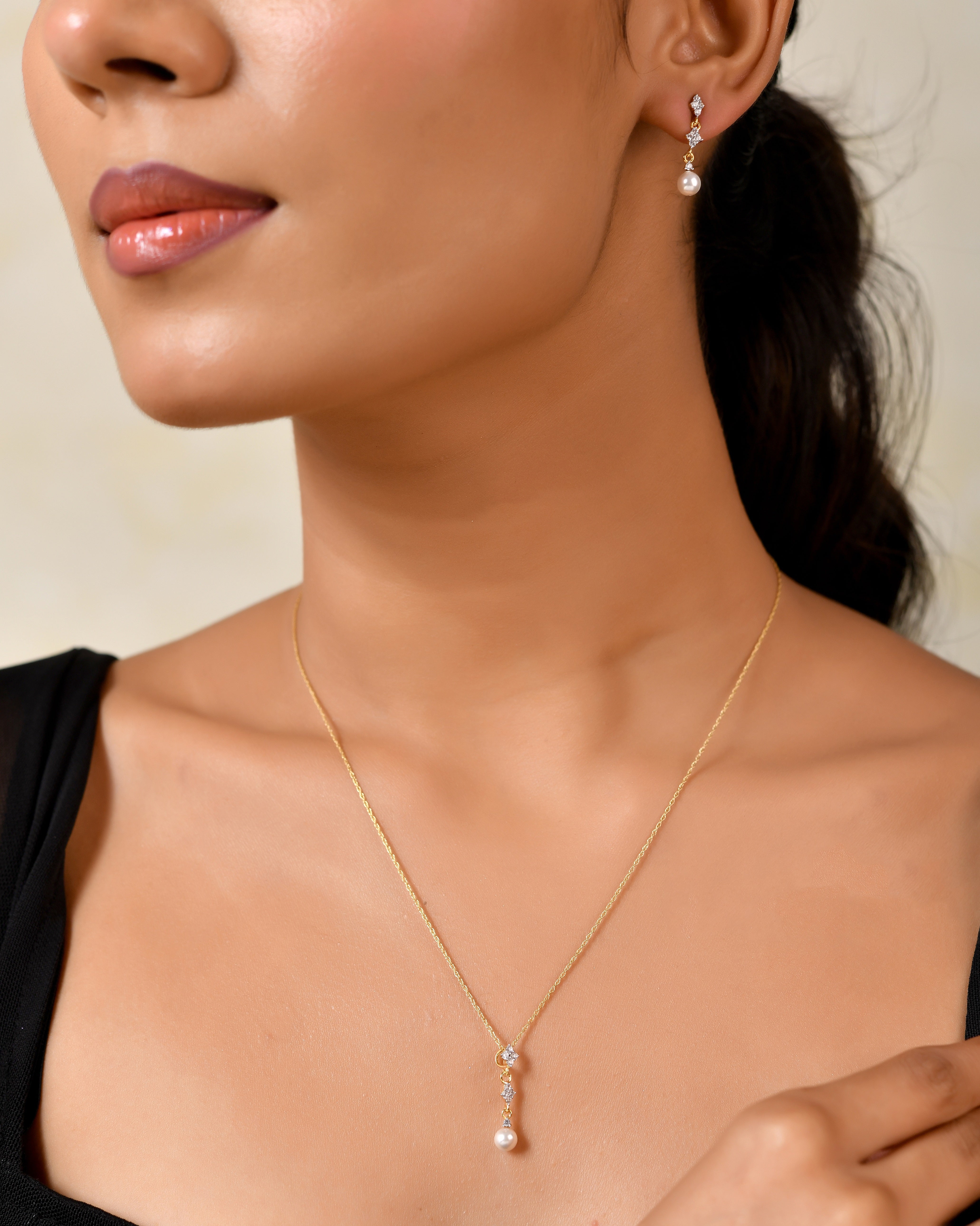 Lunevia Pearl & Zircon Drop Pendant with Silver Chain