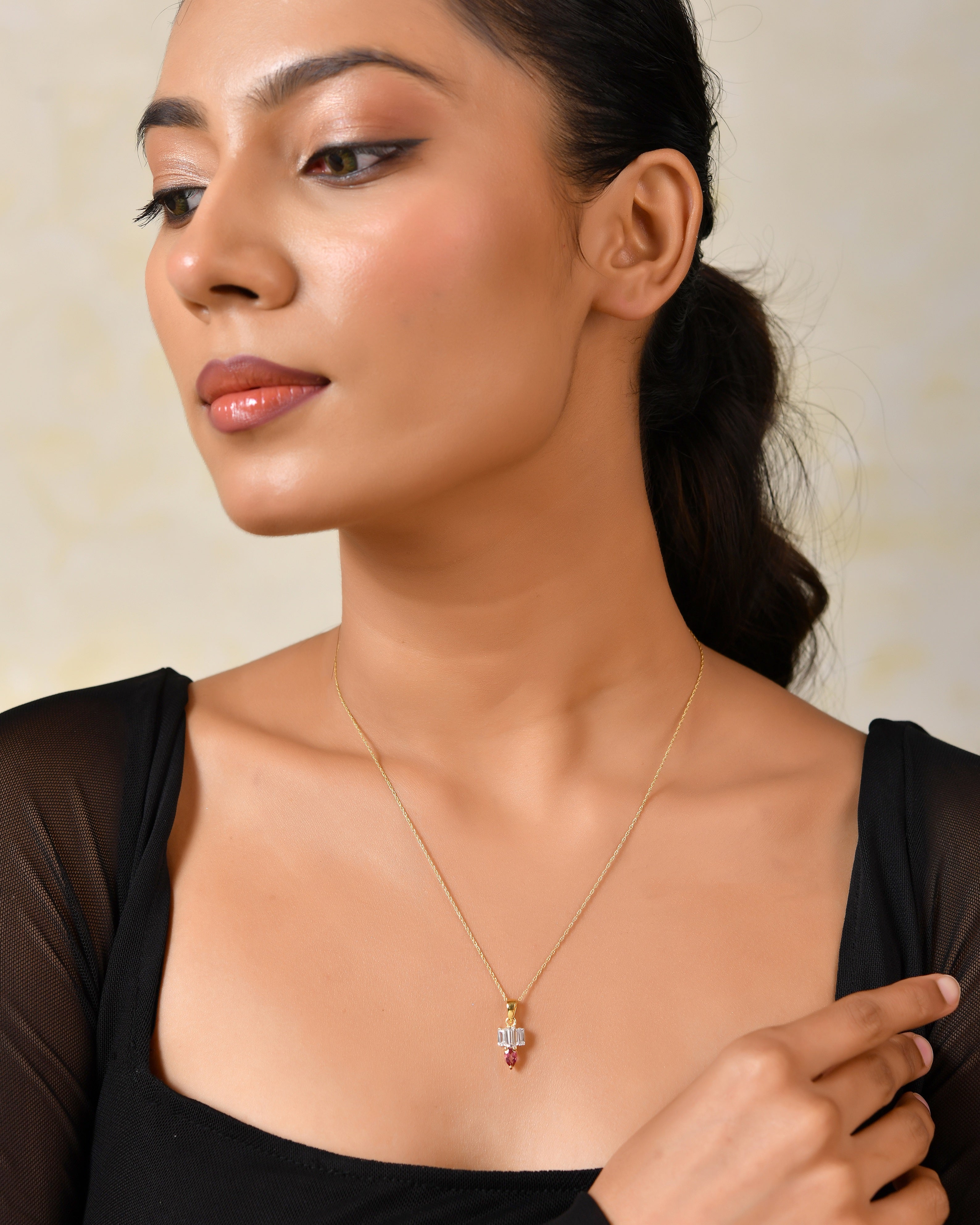 Roseline Pink Topaz & Baguette Zircon Pendant with Silver Chain