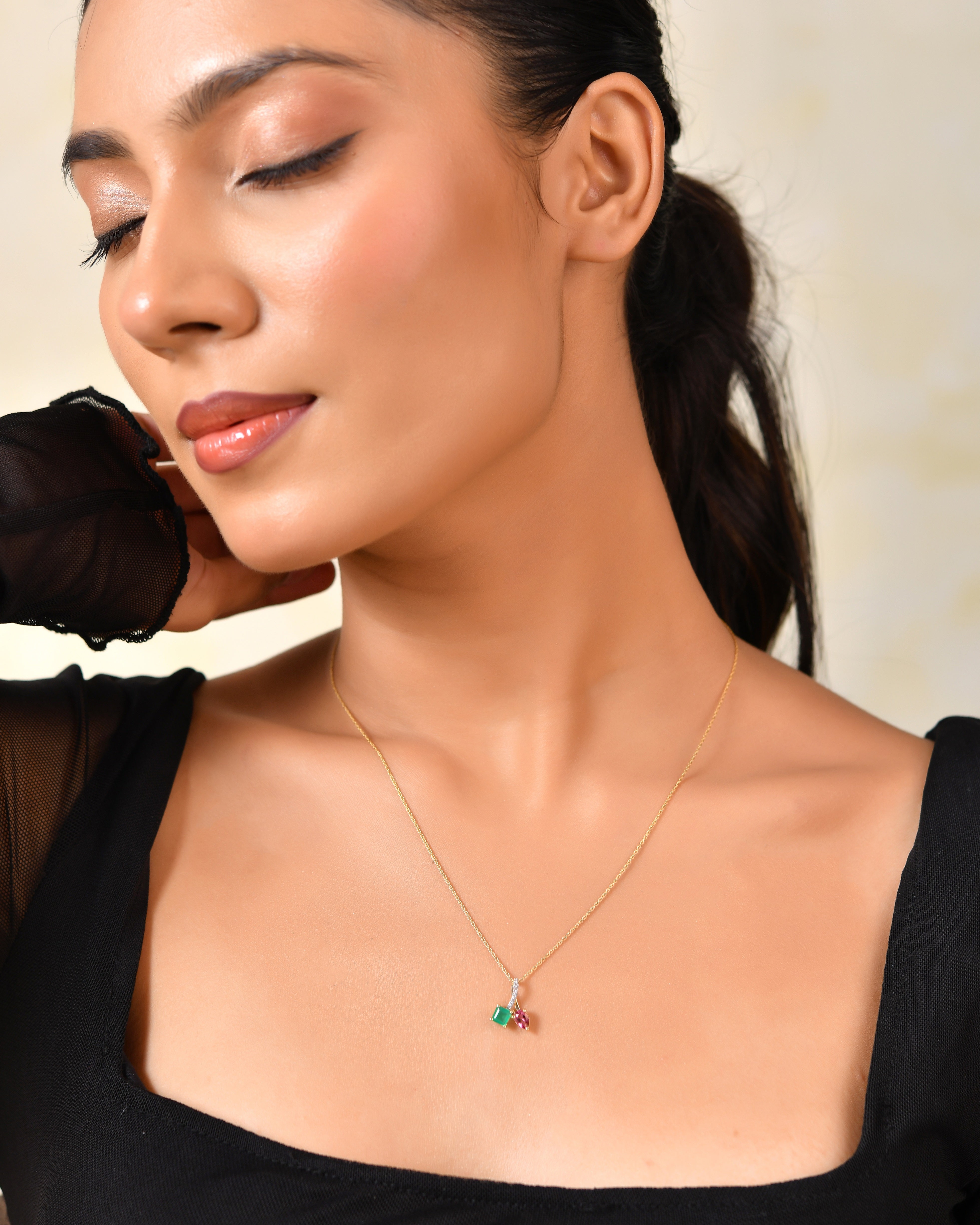Roseverde Green Onyx & Pink Topaz Pendant with Silver Chain