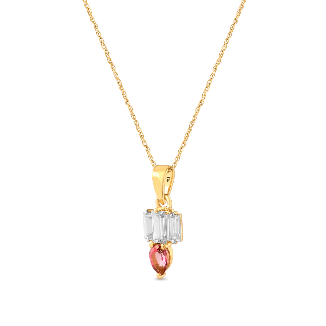 Roseline Pink Topaz & Baguette Zircon Pendant with Silver Chain