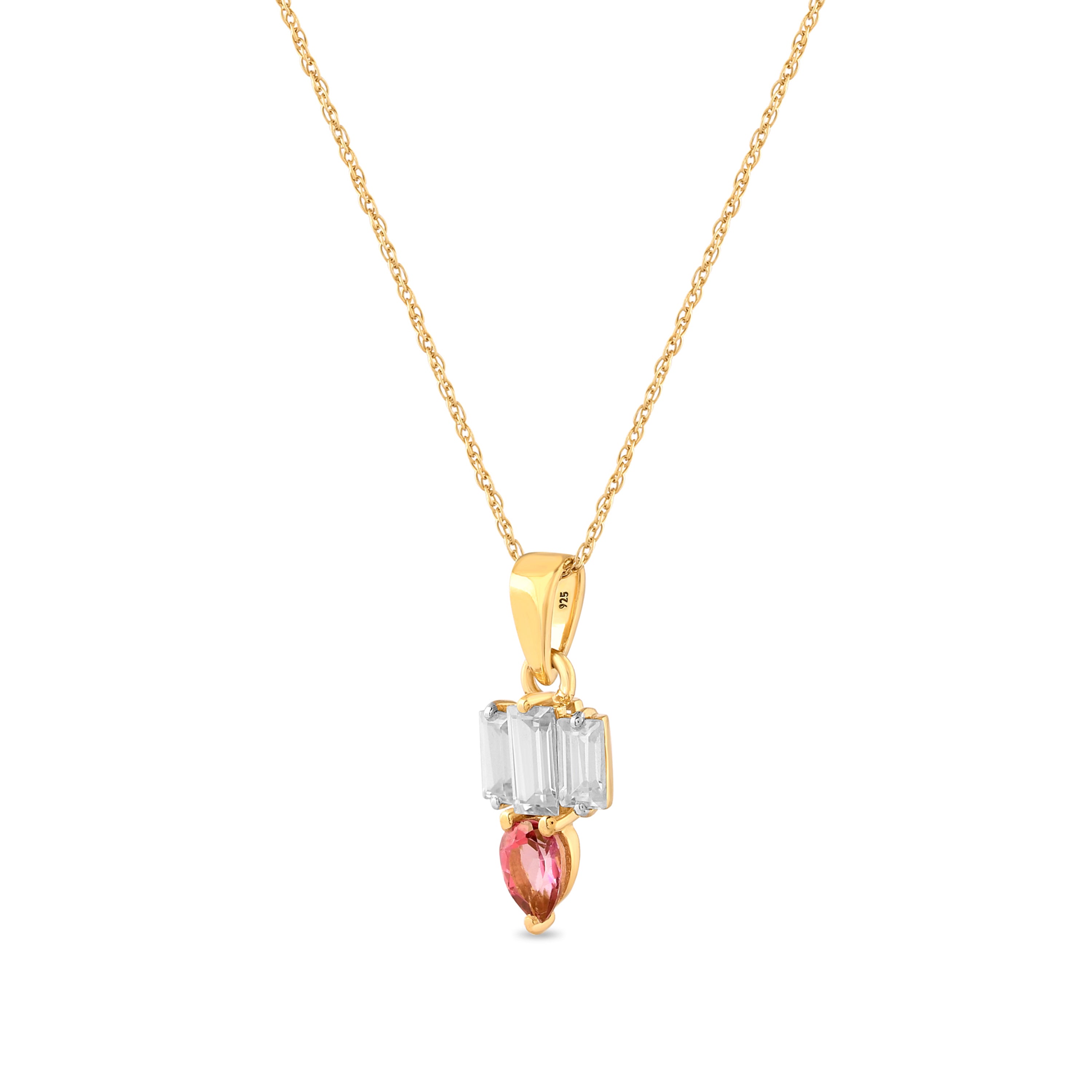 Roseline Pink Topaz & Baguette Zircon Pendant with Silver Chain
