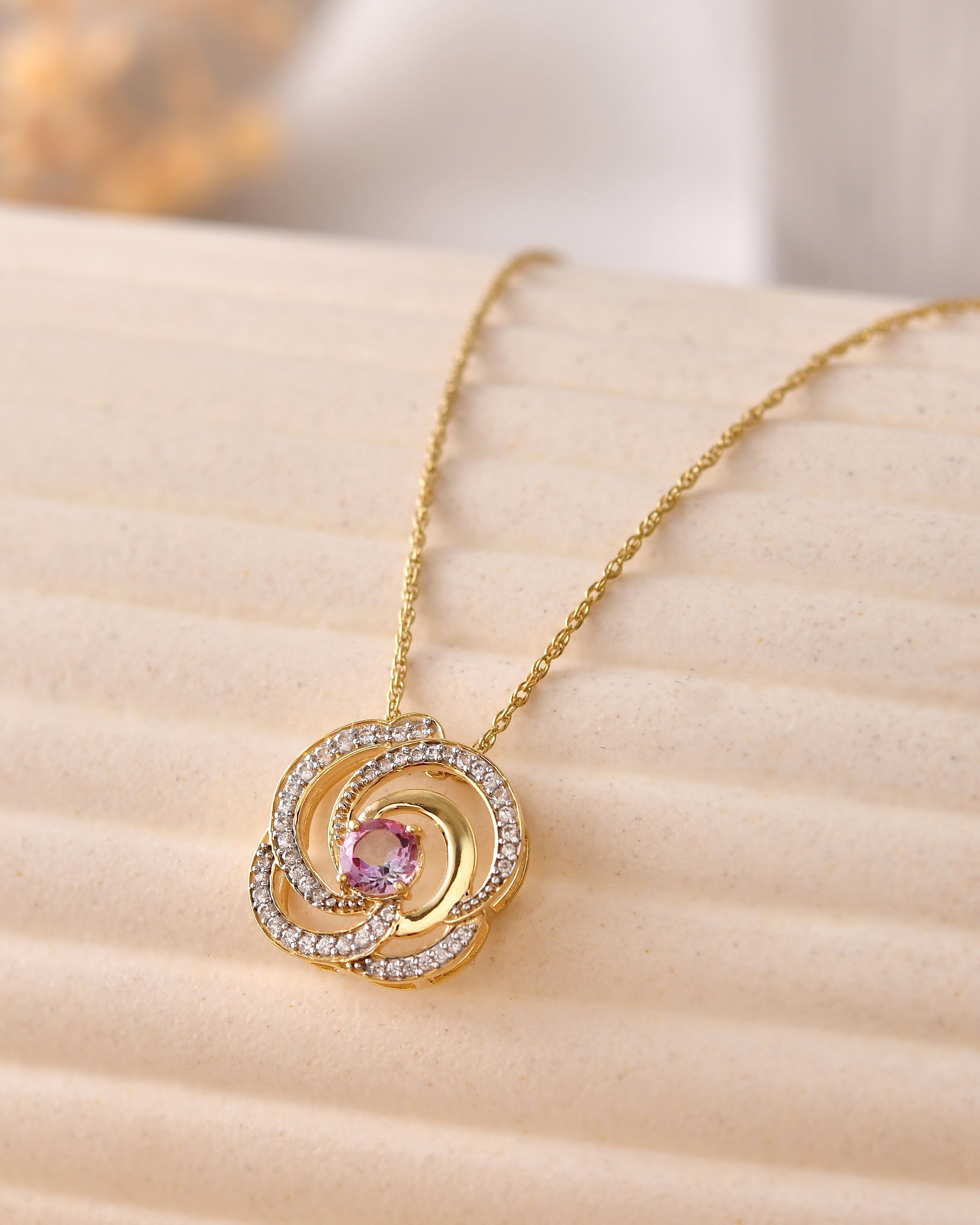 Rosavelle Pink Topaz Swirl Pendant with Silver Chain