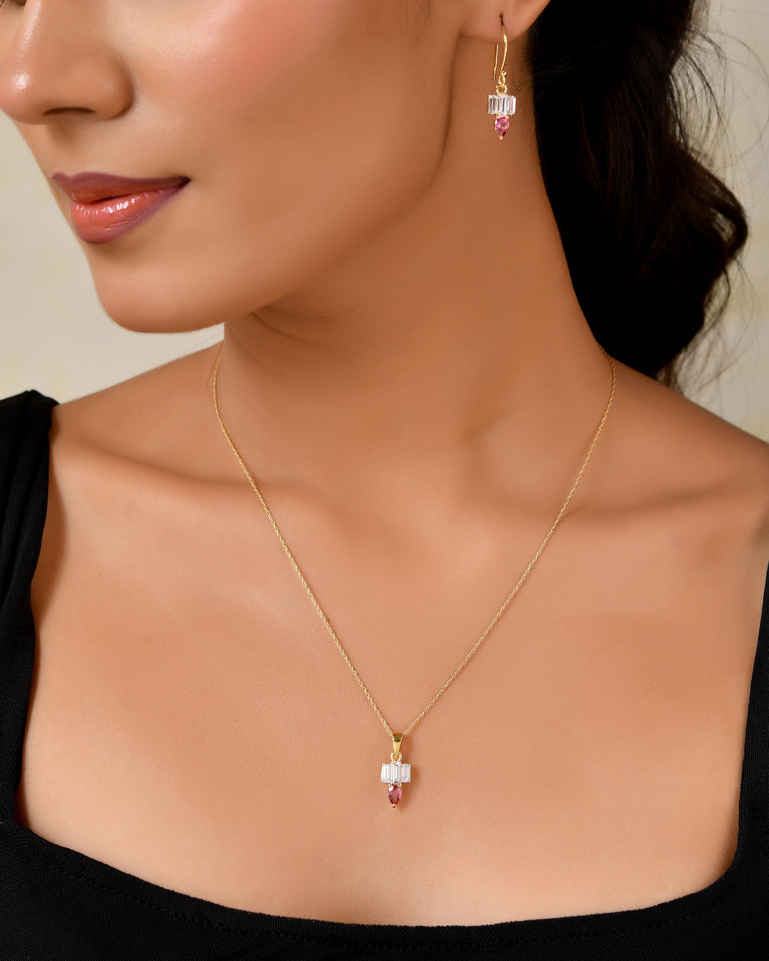Roselune Blush Gem Pendant & Earrings Set with Silver Chain