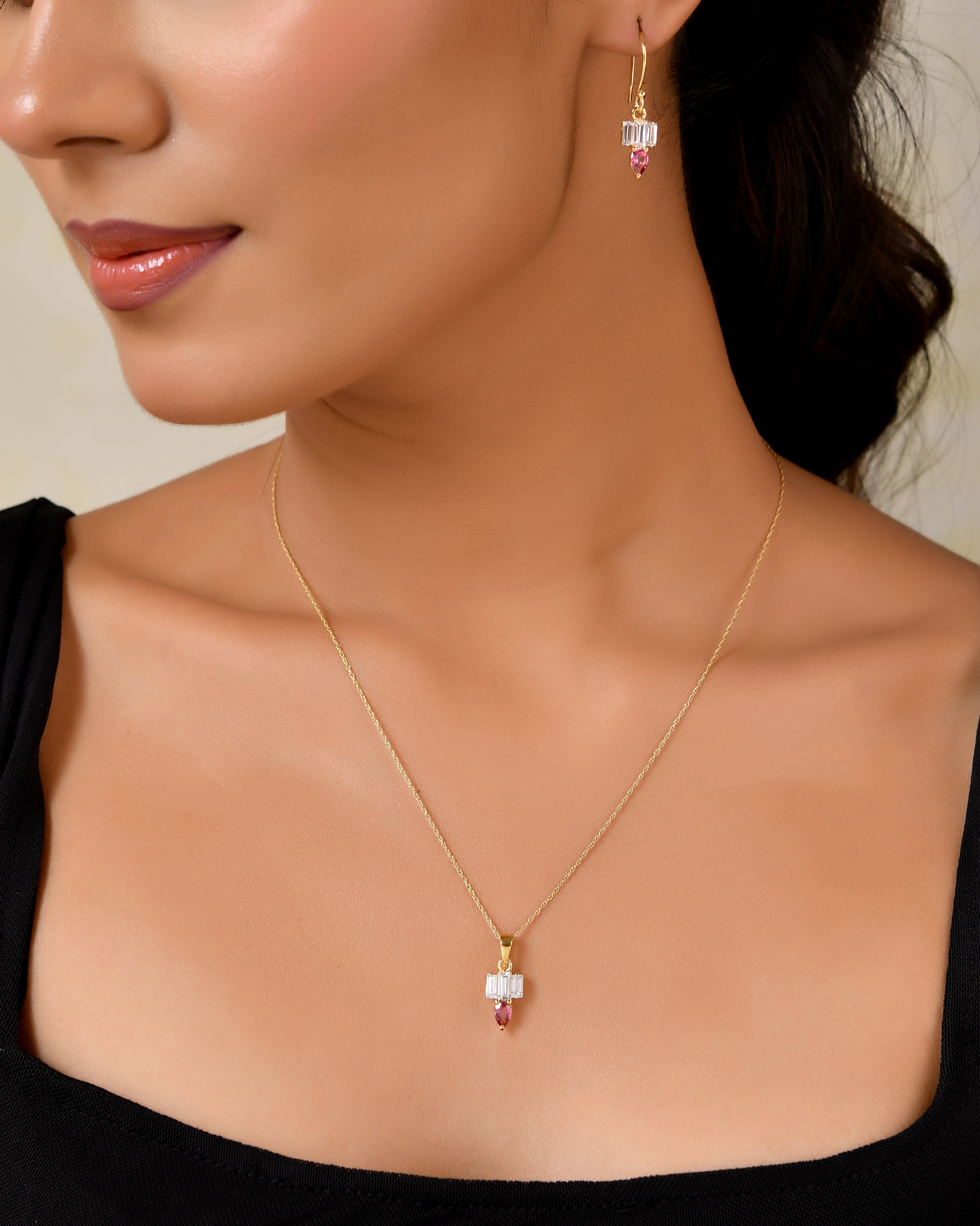 Roselune Blush Gem Pendant & Earrings Set with Silver Chain