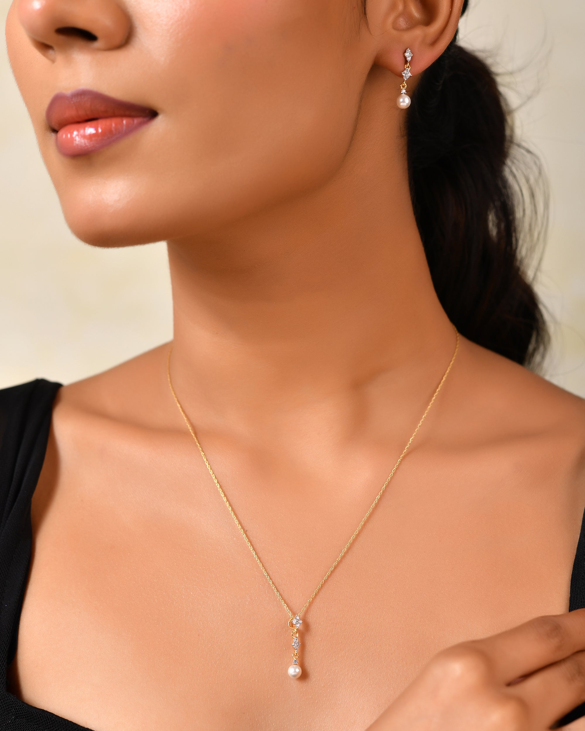 Elowyn Pearl Drop Pendant & Earrings Set with Silver Chain