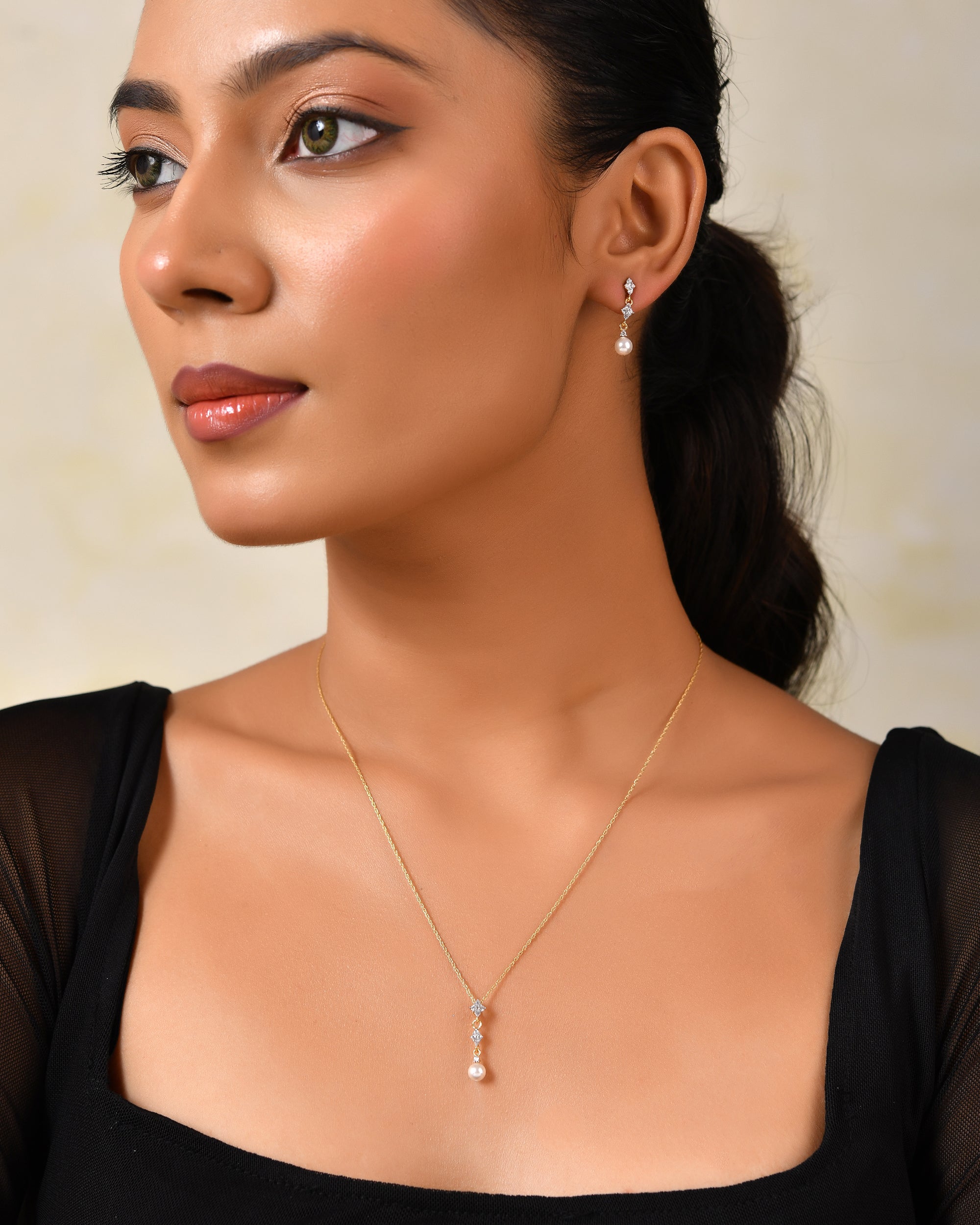 Elowyn Pearl Drop Pendant & Earrings Set with Silver Chain